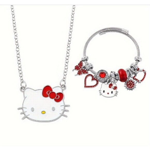 New Hello Kitty Silver Charm Bracelet & Necklace Set Red Bow Accent Jewelry Gift - Picture 1 of 6